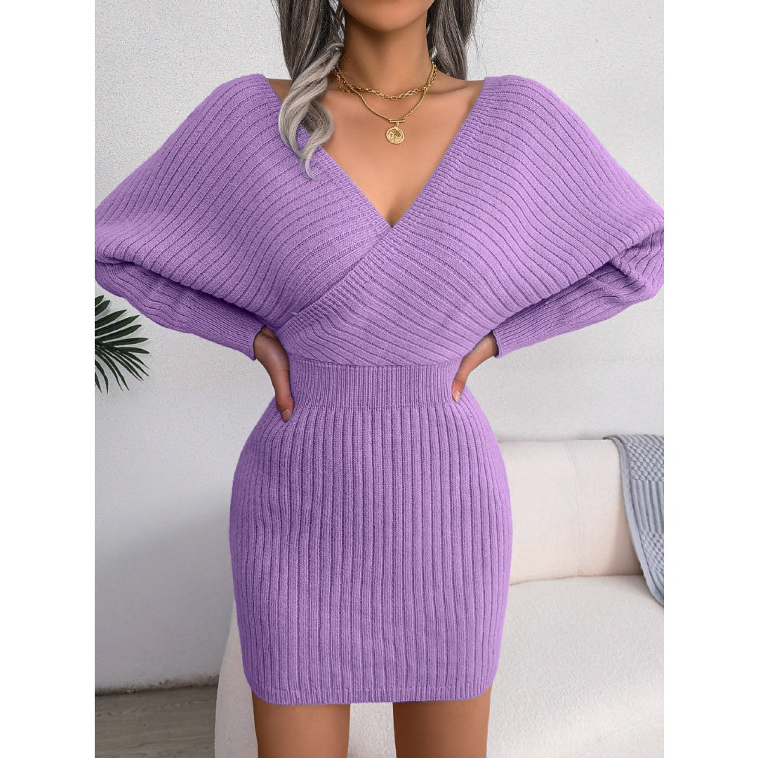 Women's Elegant Off-Shoulder Knit Sweater Dress – V-Neck Bodycon Winter Dress with Batwing Sleeves