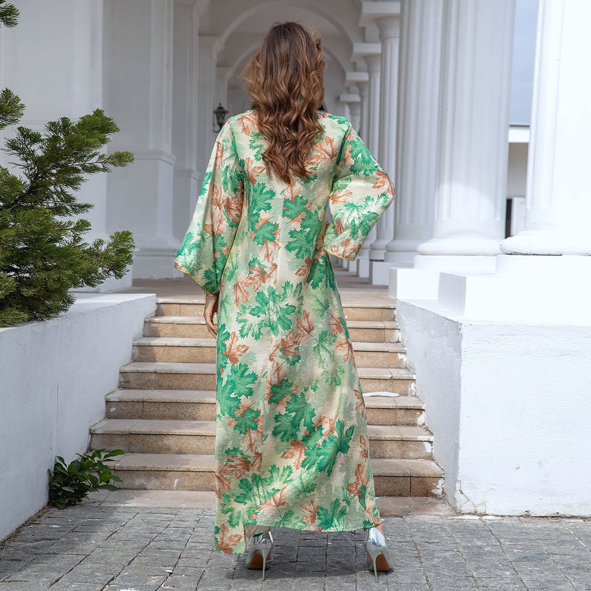 Embroidered Autumn Leaf Print Long Gown Dress for Women – Elegant Floral Kaftan Style Maxi | Bloomberry Lifestyle