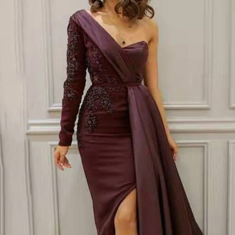 Wine One-Shoulder Evening Gown – Elegant Draped Design with Embellished Lace Detailing
