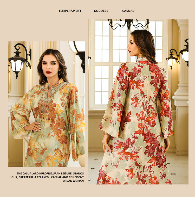 Embroidered Autumn Leaf Print Long Gown Dress for Women – Elegant Floral Kaftan Style Maxi | Bloomberry Lifestyle