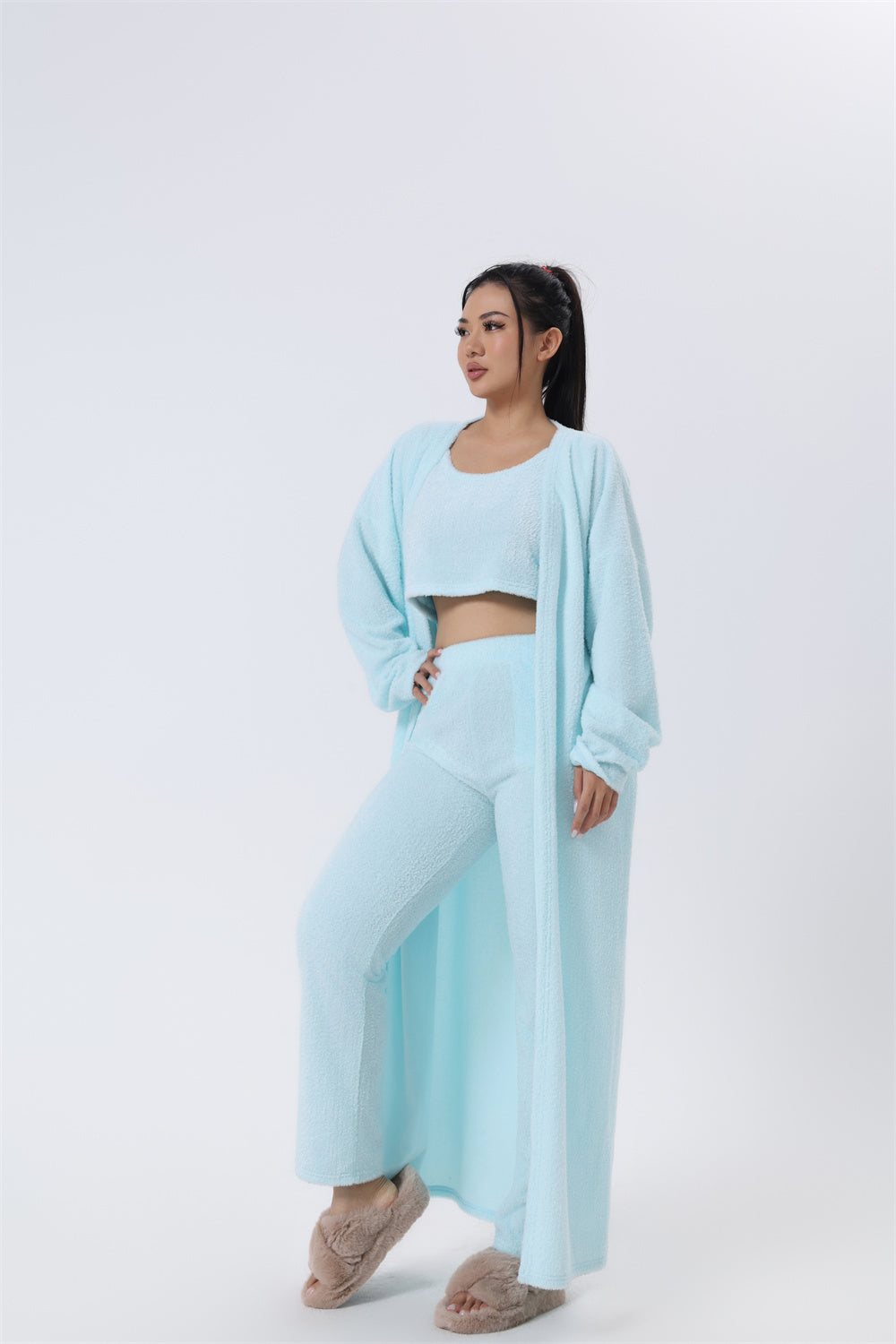 Ultimate Cozy Lounge Co-ord Set for Women | 3-Piece Fluffy Knit Loungewear – Cardigan, Crop Top & Pants