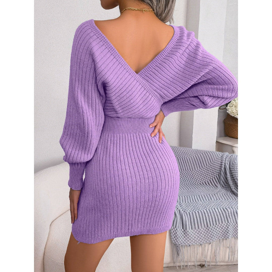 Women's Elegant Off-Shoulder Knit Sweater Dress – V-Neck Bodycon Winter Dress with Batwing Sleeves