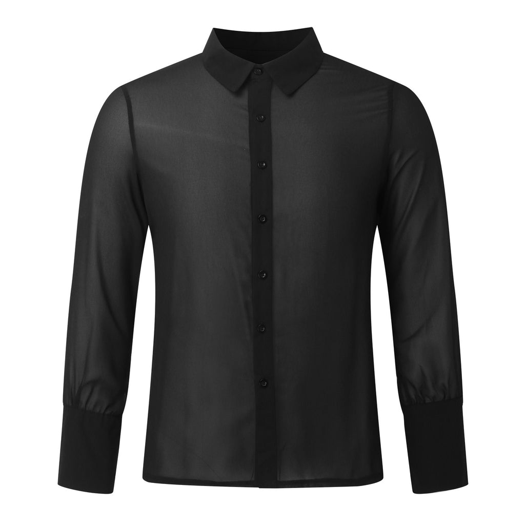 Black Thin See-through Chiffon Men's Slim Shirt