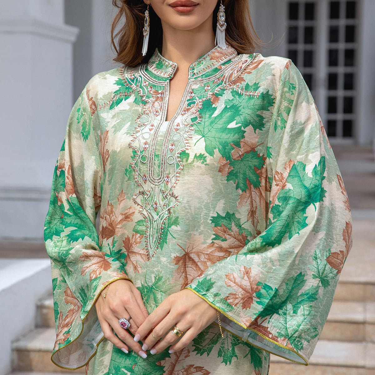 Embroidered Autumn Leaf Print Long Gown Dress for Women – Elegant Floral Kaftan Style Maxi | Bloomberry Lifestyle