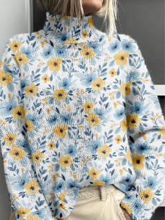 Women’s Floral & Animal Print Turtleneck Sweater – Cozy Casual Knit Pullover | Winter Fashion Woolen Tops