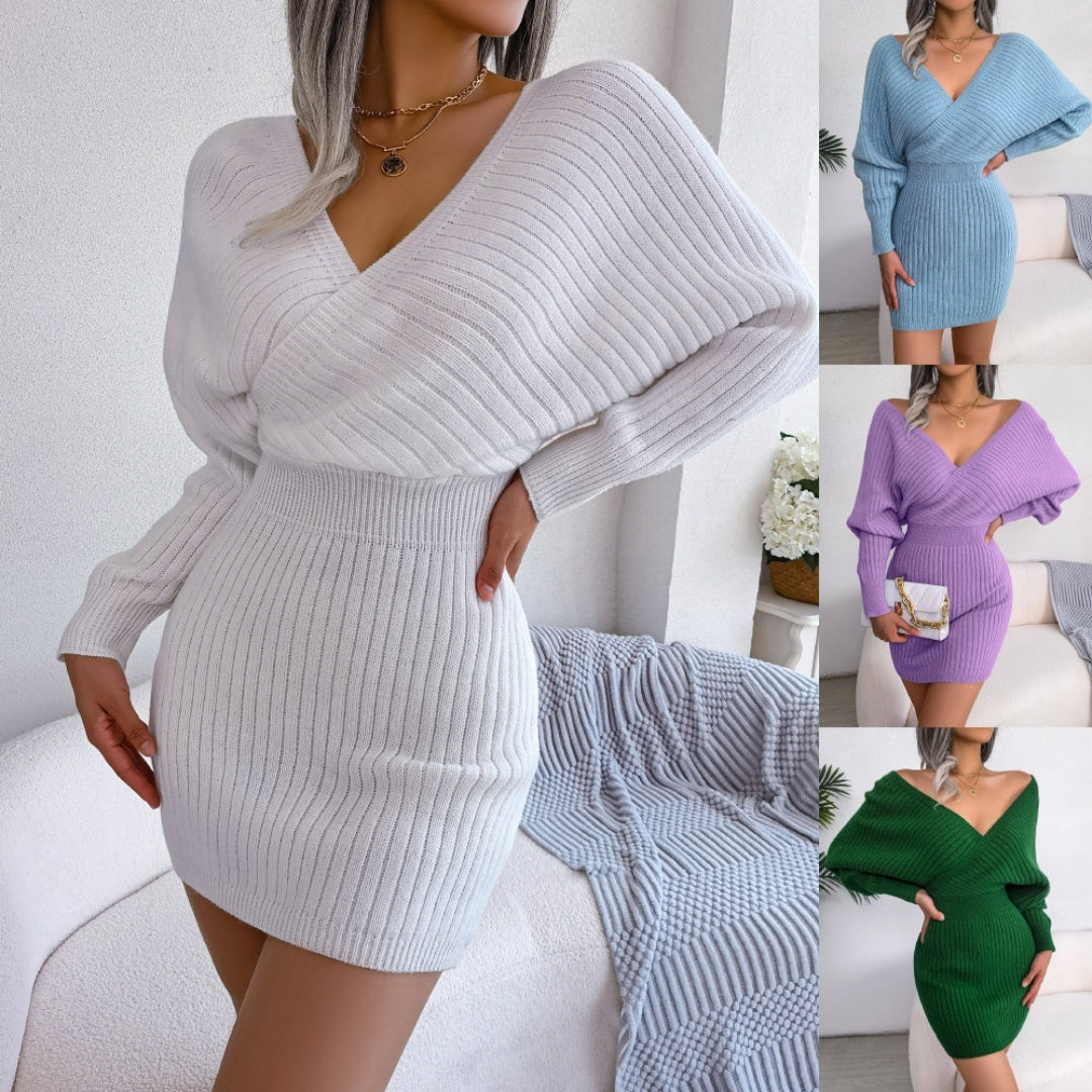 Women's Elegant Off-Shoulder Knit Sweater Dress – V-Neck Bodycon Winter Dress with Batwing Sleeves