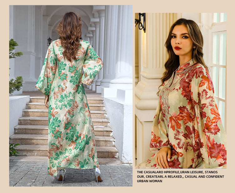 Embroidered Autumn Leaf Print Long Gown Dress for Women – Elegant Floral Kaftan Style Maxi | Bloomberry Lifestyle