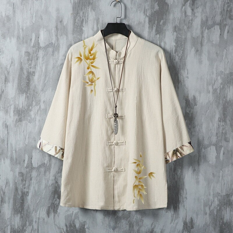 Chinese Style Summer Linen Shirt Men's Short Sleeve Lining