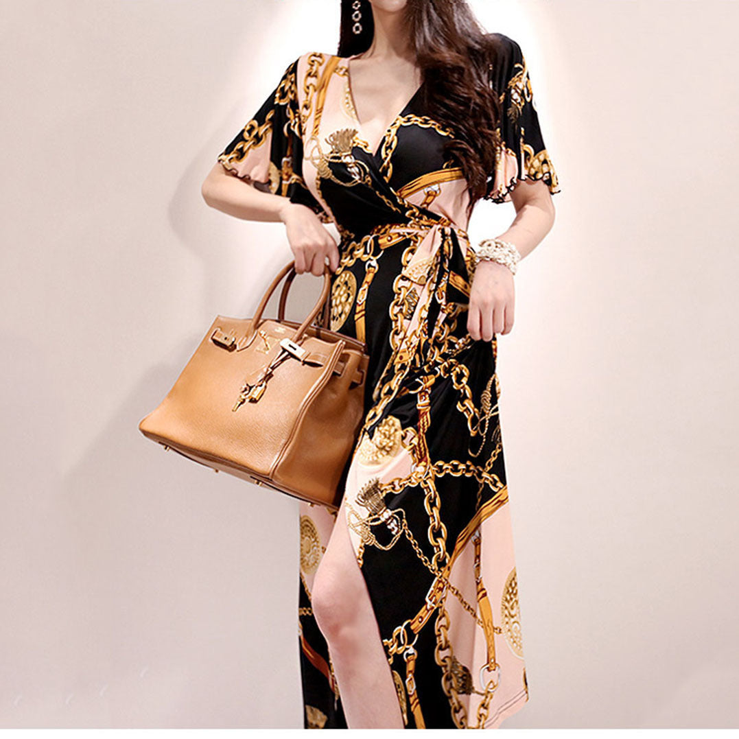 Luxury Gold Chain Print Wrap Maxi Dress – Elegant Belted V-Neck Summer Outfit for Effortless Confidence