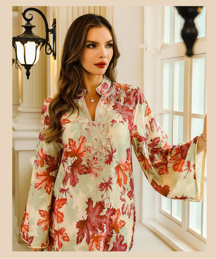 Embroidered Autumn Leaf Print Long Gown Dress for Women – Elegant Floral Kaftan Style Maxi | Bloomberry Lifestyle