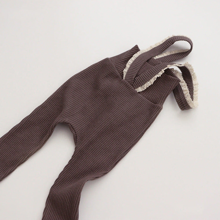 Ribbed Cotton Baby Overall Set with Lace Bow | Soft Knit Romper + Matching Hat + Headband | Cozy Autumn Baby Outfit