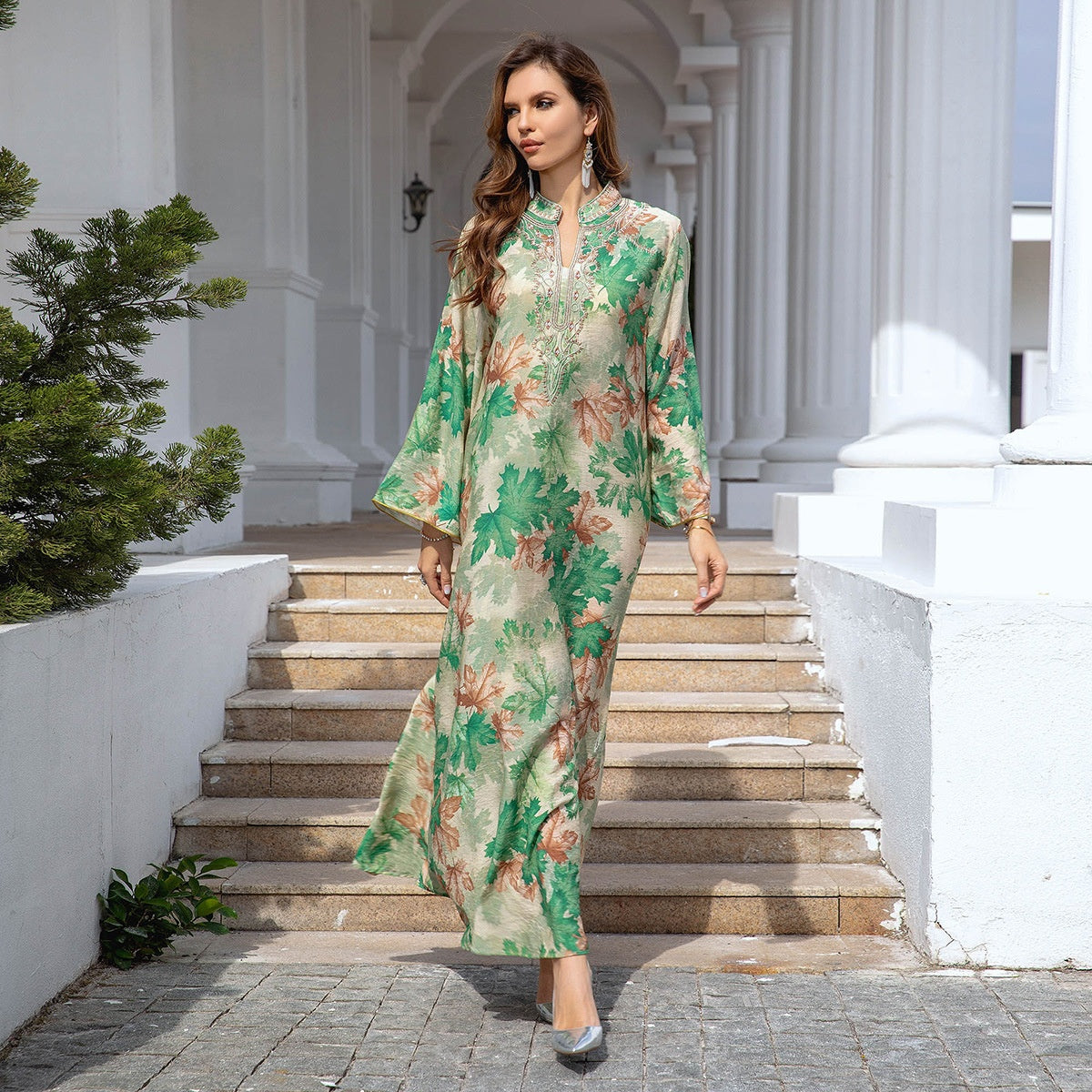Embroidered Autumn Leaf Print Long Gown Dress for Women – Elegant Floral Kaftan Style Maxi | Bloomberry Lifestyle