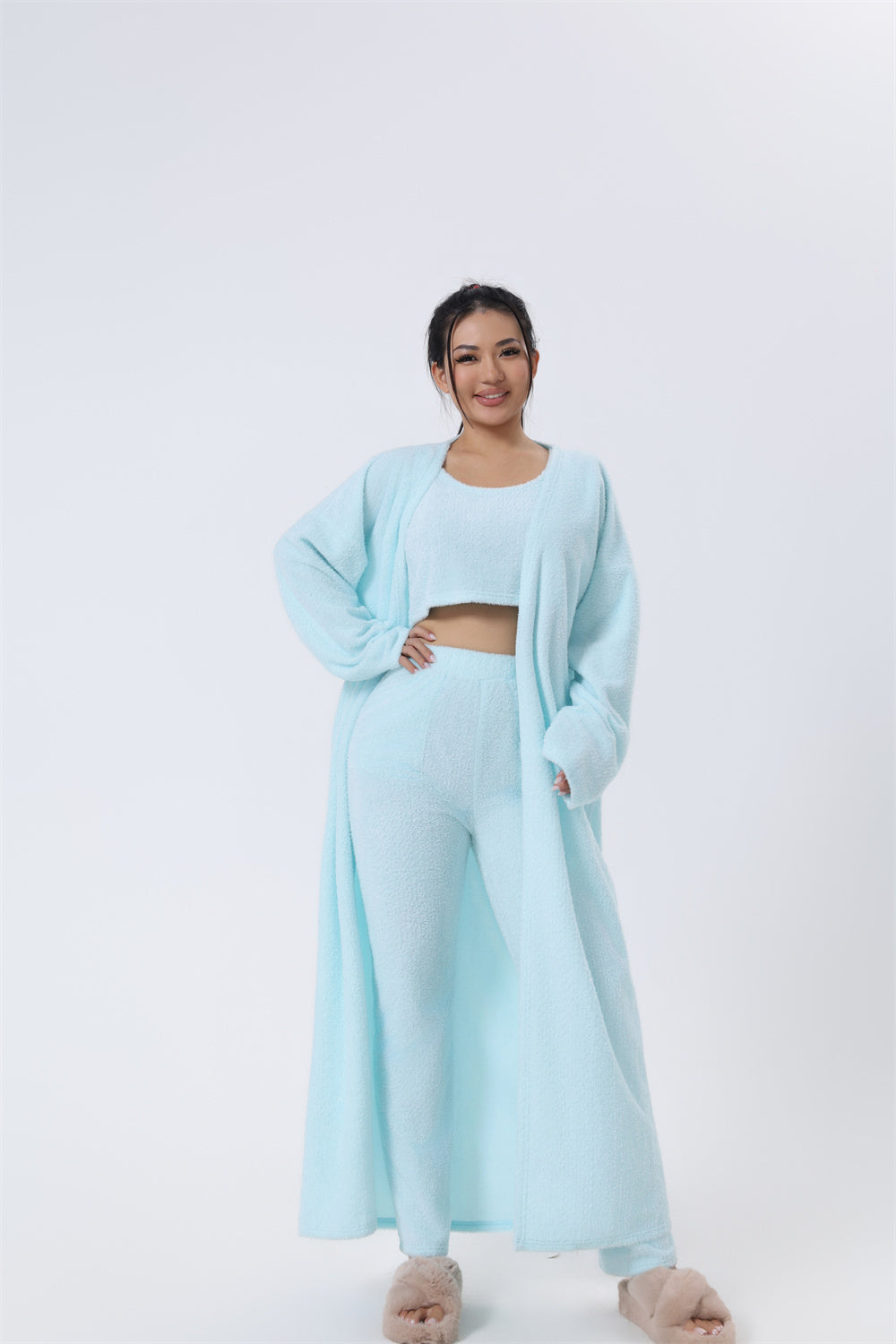 Ultimate Cozy Lounge Co-ord Set for Women | 3-Piece Fluffy Knit Loungewear – Cardigan, Crop Top & Pants