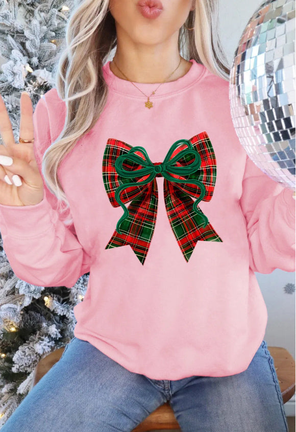 Pink Plaid Bow Christmas Sweatshirt – Festive Holiday Crewneck for Women | Cozy Cotton Pullover