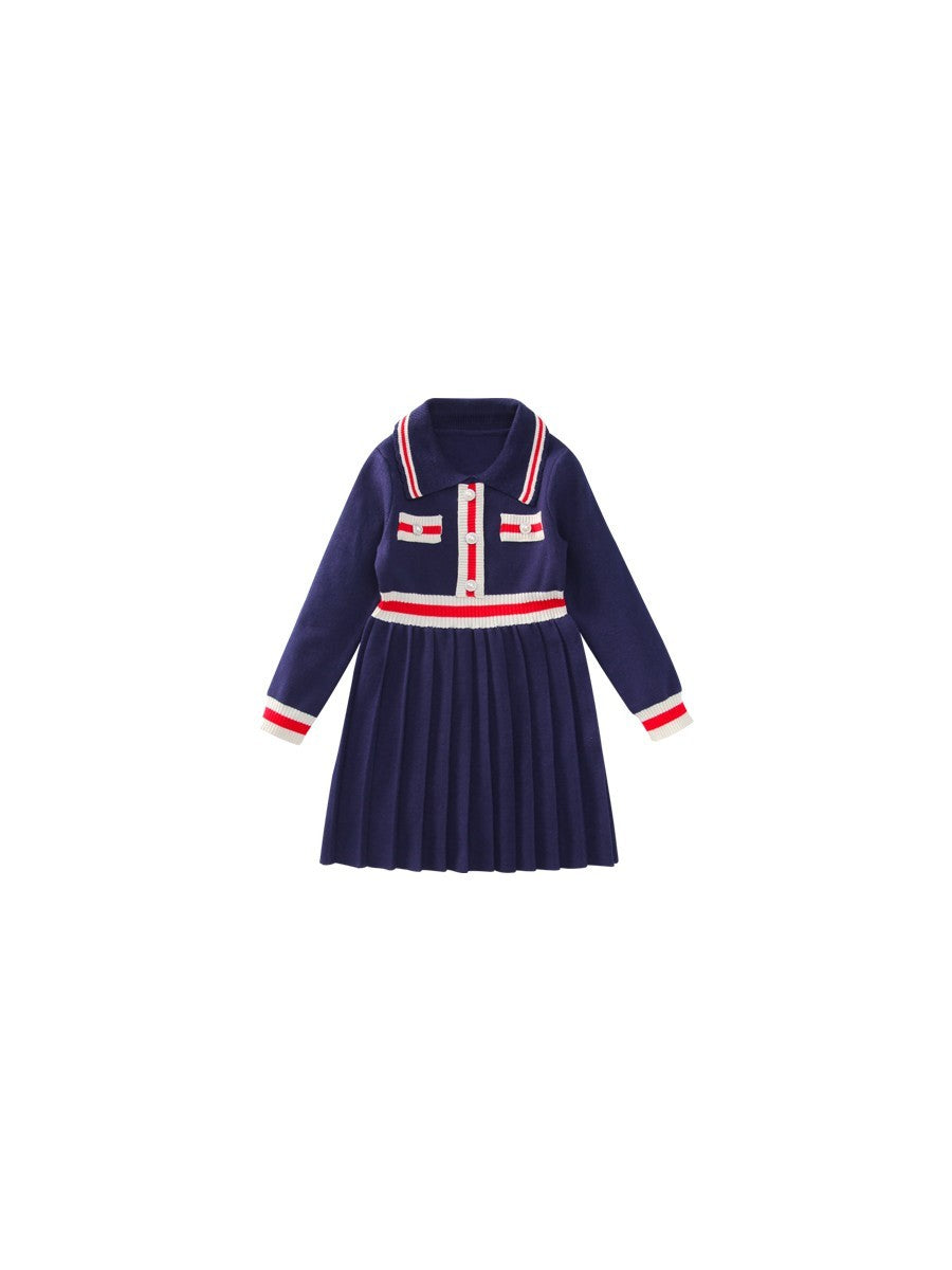 Bloomberry Elegant Knit Dress for Girls – Cozy Pleated Sweater Dress with Pearl Buttons | Winter Princess Outfit (Navy Blue / Apricot)