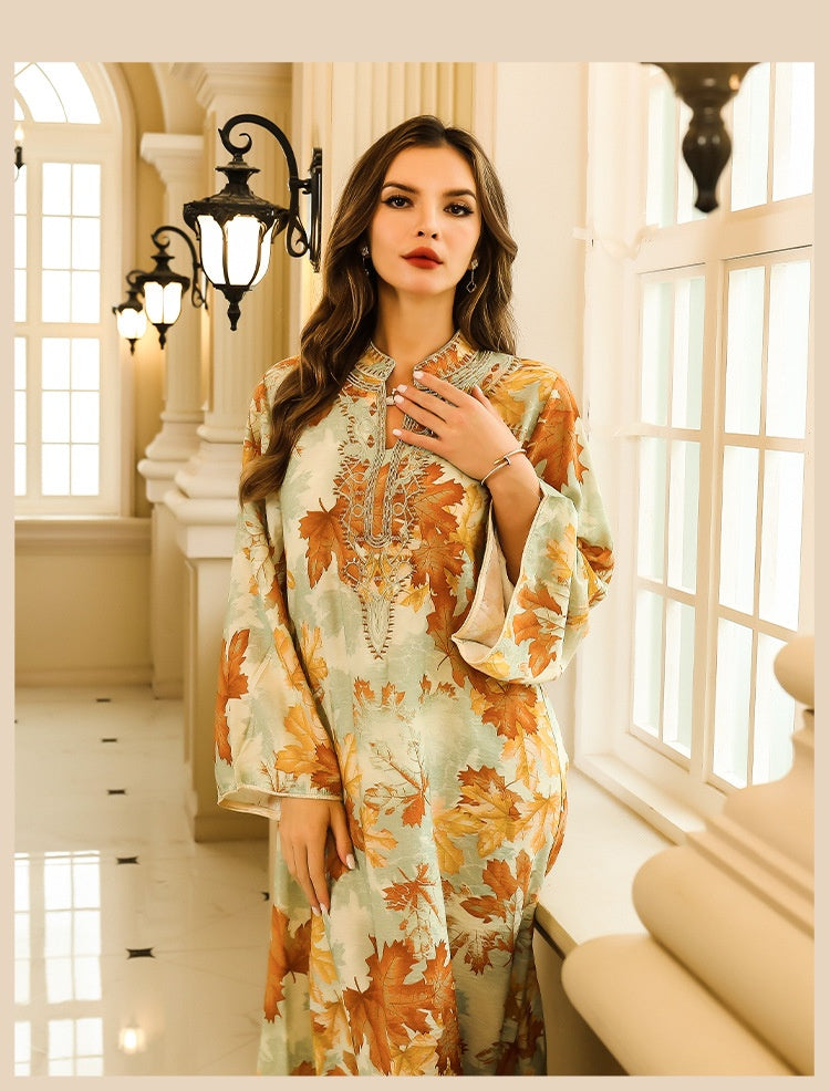 Embroidered Autumn Leaf Print Long Gown Dress for Women – Elegant Floral Kaftan Style Maxi | Bloomberry Lifestyle