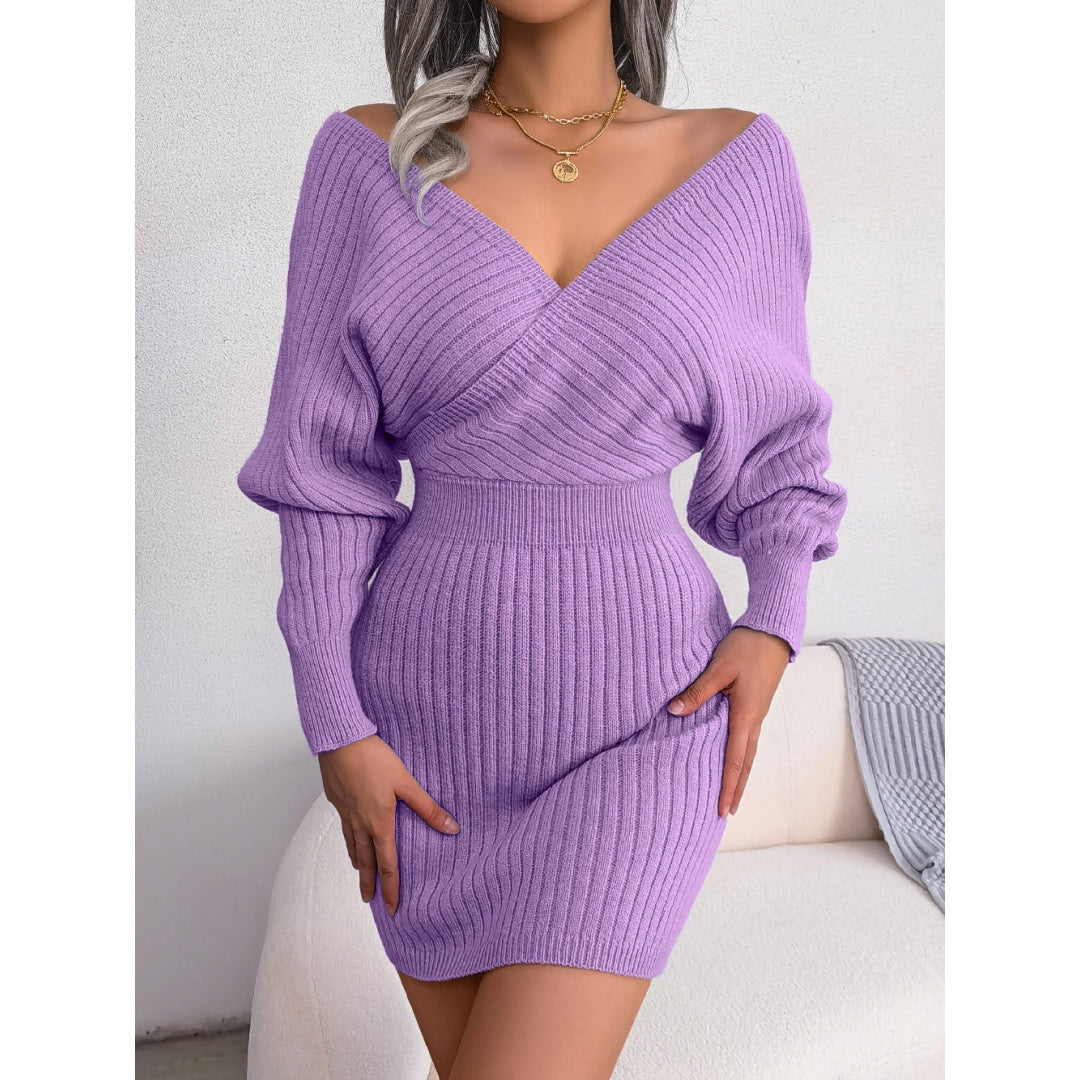 Women's Elegant Off-Shoulder Knit Sweater Dress – V-Neck Bodycon Winter Dress with Batwing Sleeves