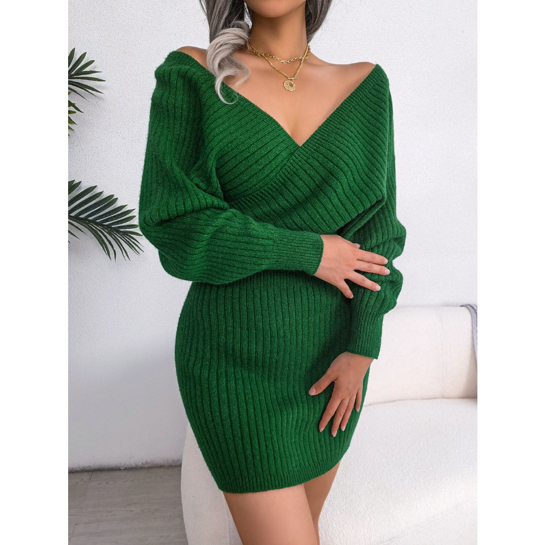Women's Elegant Off-Shoulder Knit Sweater Dress – V-Neck Bodycon Winter Dress with Batwing Sleeves