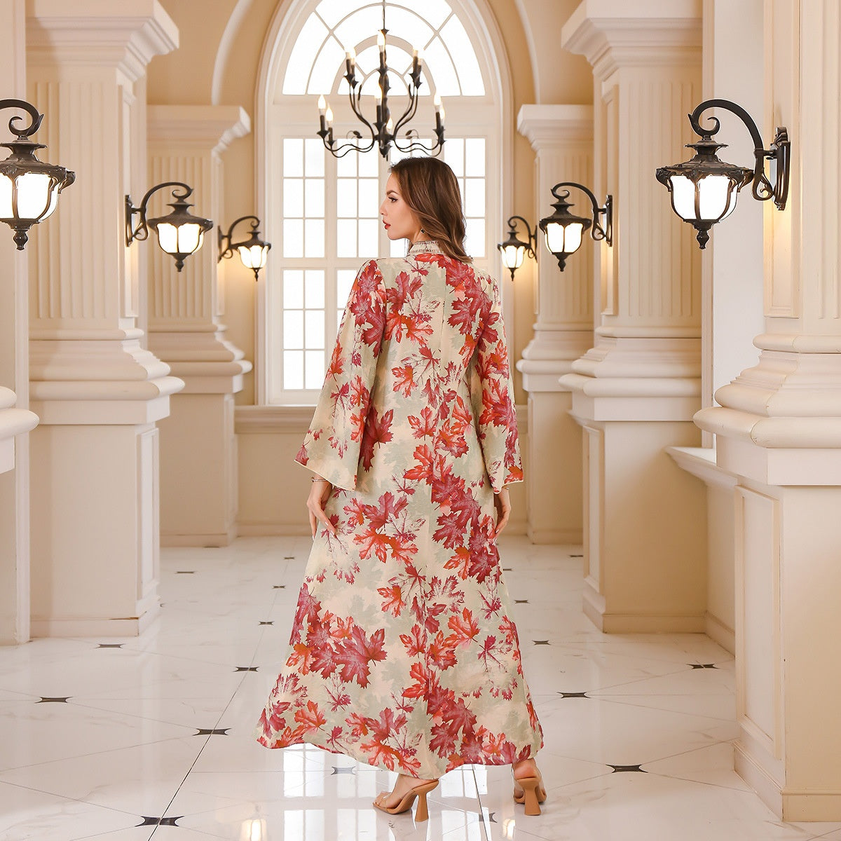 Embroidered Autumn Leaf Print Long Gown Dress for Women – Elegant Floral Kaftan Style Maxi | Bloomberry Lifestyle