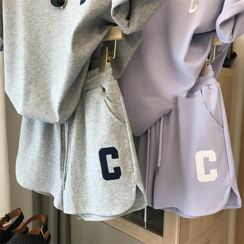 Women’s Minimalist Letter “C” Two-Piece Loungewear Set – Soft Summer Shorts & T-Shirt Co-ord (Grey & Lavender)