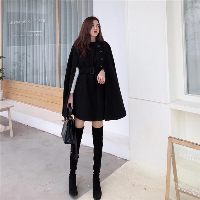 Elegant Wool Blend Cape Coat for Women – Sophisticated Button-Up Winter Dress Coat with Belt | Luxury Warm Outerwear in Black & Apricot