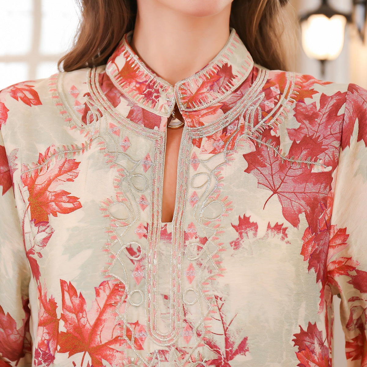 Embroidered Autumn Leaf Print Long Gown Dress for Women – Elegant Floral Kaftan Style Maxi | Bloomberry Lifestyle