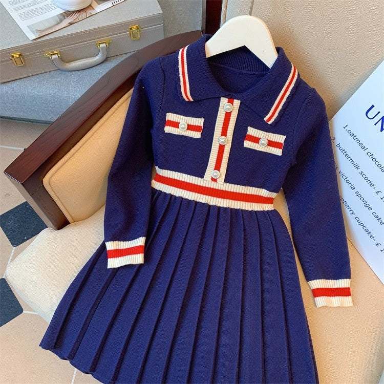 Bloomberry Elegant Knit Dress for Girls – Cozy Pleated Sweater Dress with Pearl Buttons | Winter Princess Outfit (Navy Blue / Apricot)
