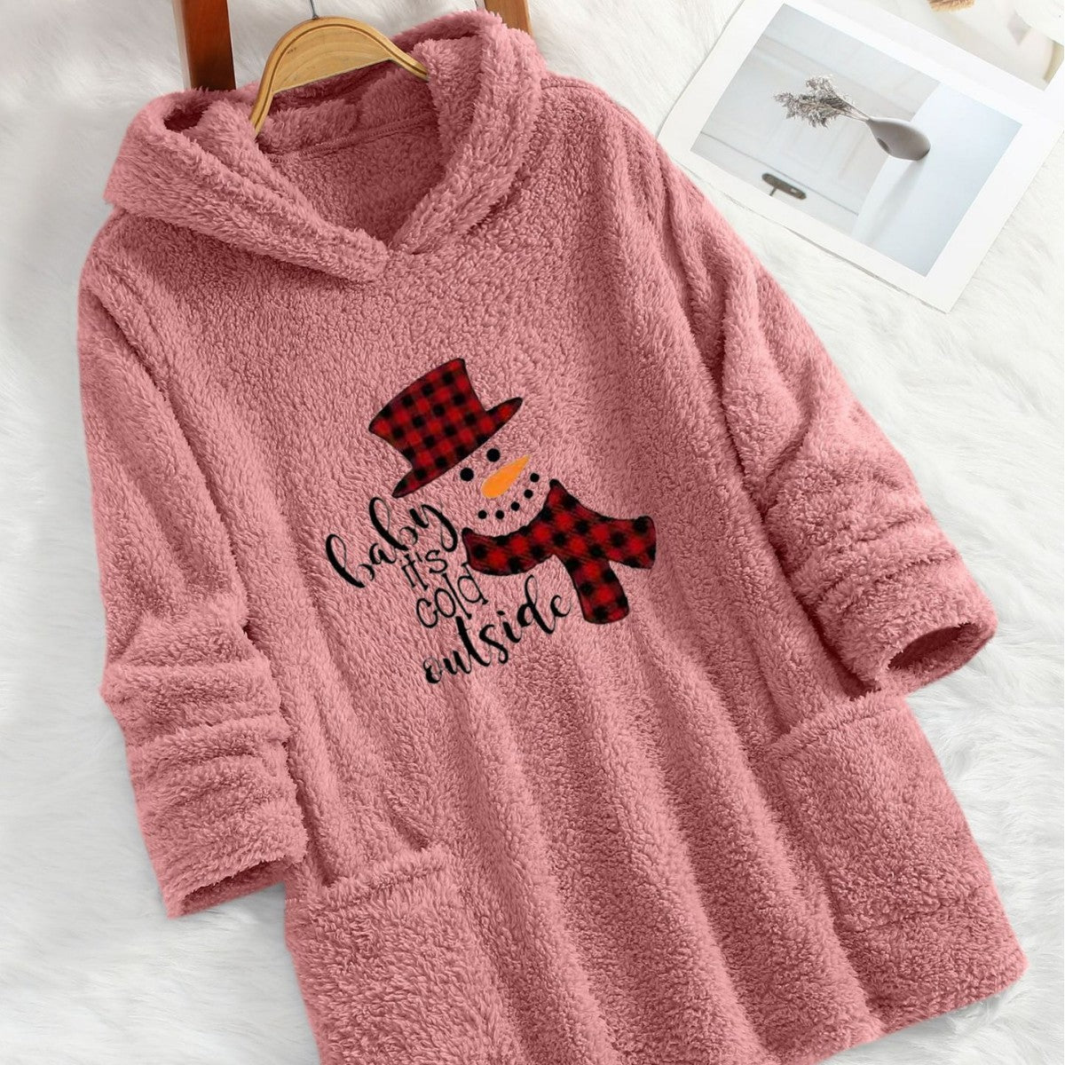 Cozy Christmas Snowman Hoodie – ‘Baby It’s Cold Outside’ Fleece Pullover for Women