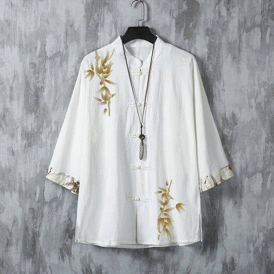 Men’s Vintage Chinese Cotton Shirt with Bamboo Embroidery | Loose Fit Tang Suit Style Top – Zen-Inspired Traditional Wear
