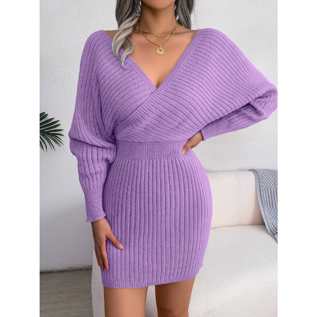 Women's Elegant Off-Shoulder Knit Sweater Dress – V-Neck Bodycon Winter Dress with Batwing Sleeves