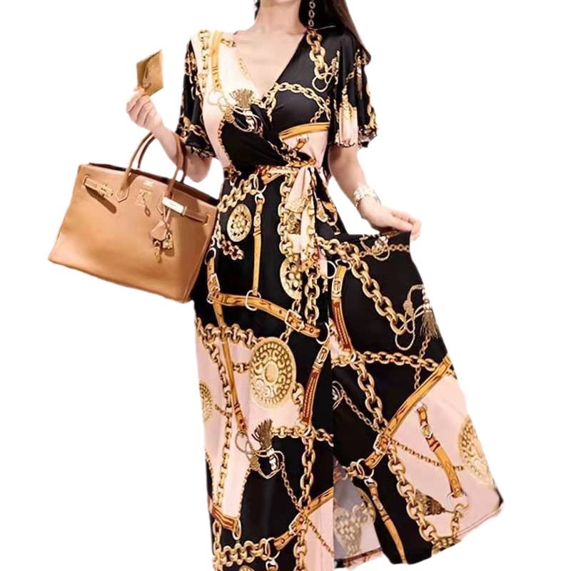 Luxury Gold Chain Print Wrap Maxi Dress – Elegant Belted V-Neck Summer Outfit for Effortless Confidence