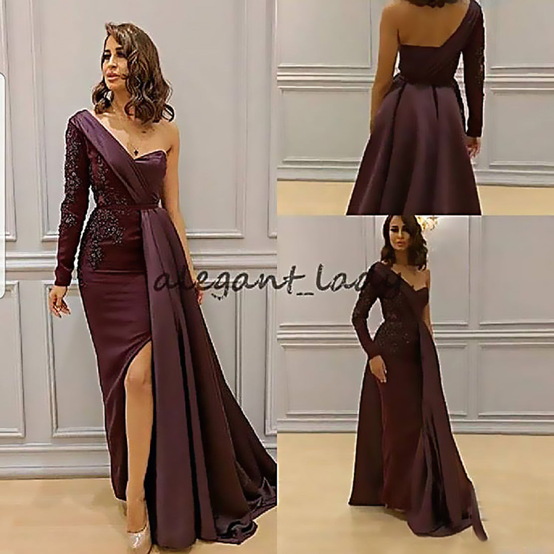 Wine One-Shoulder Evening Gown – Elegant Draped Design with Embellished Lace Detailing