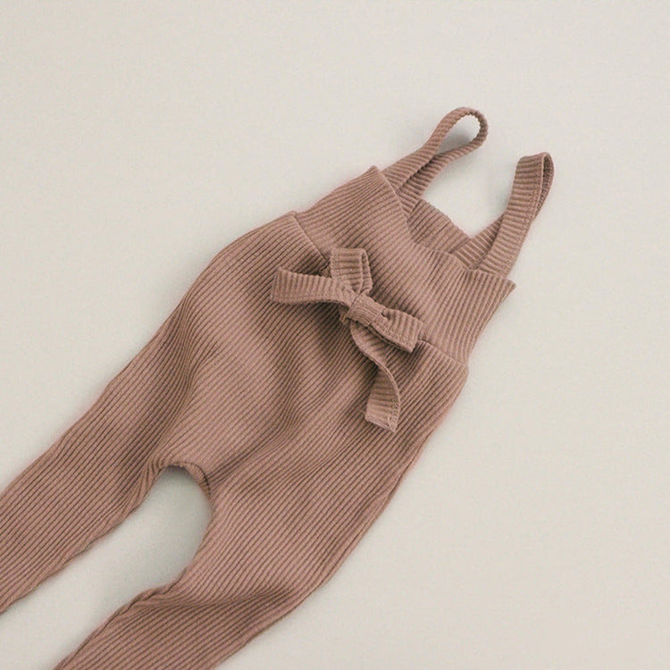 Ribbed Cotton Baby Overall Set with Lace Bow | Soft Knit Romper + Matching Hat + Headband | Cozy Autumn Baby Outfit